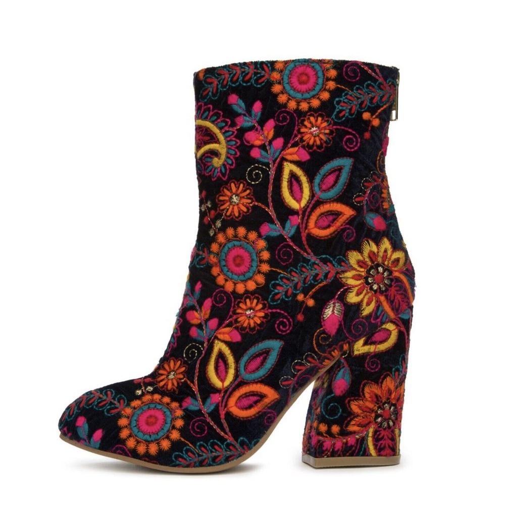 NAUGHTY MONKEY Navy Funky Embroidered Heeled Ankle Books Zip up Colorful 7.5